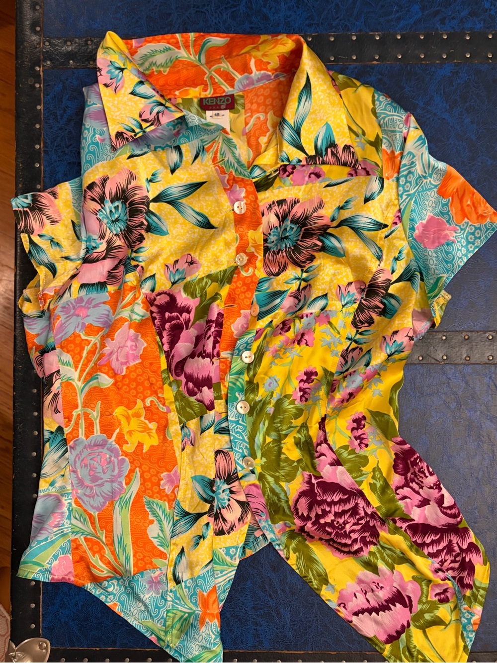 Kenzo Yellow Orange Floral Silk Button-Up Shirt